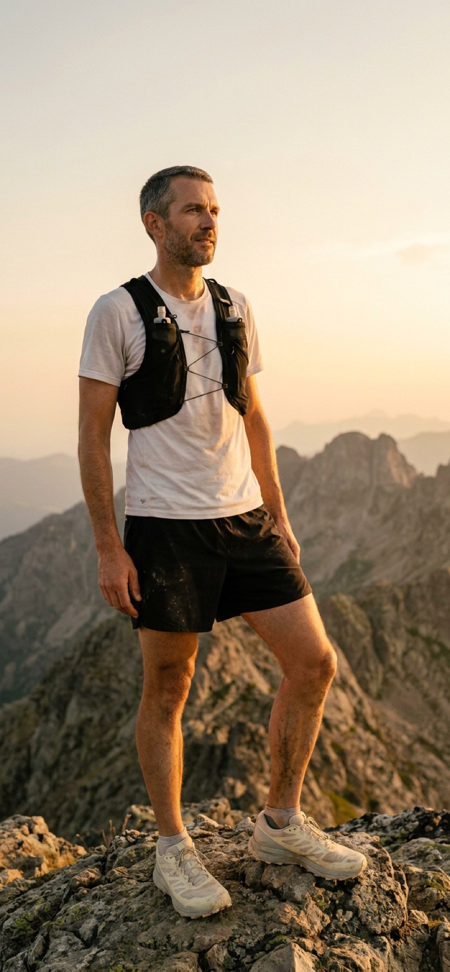Sweatmeal's founder - a trail runner - pausing on a rocky mountain ridge at golden hour.